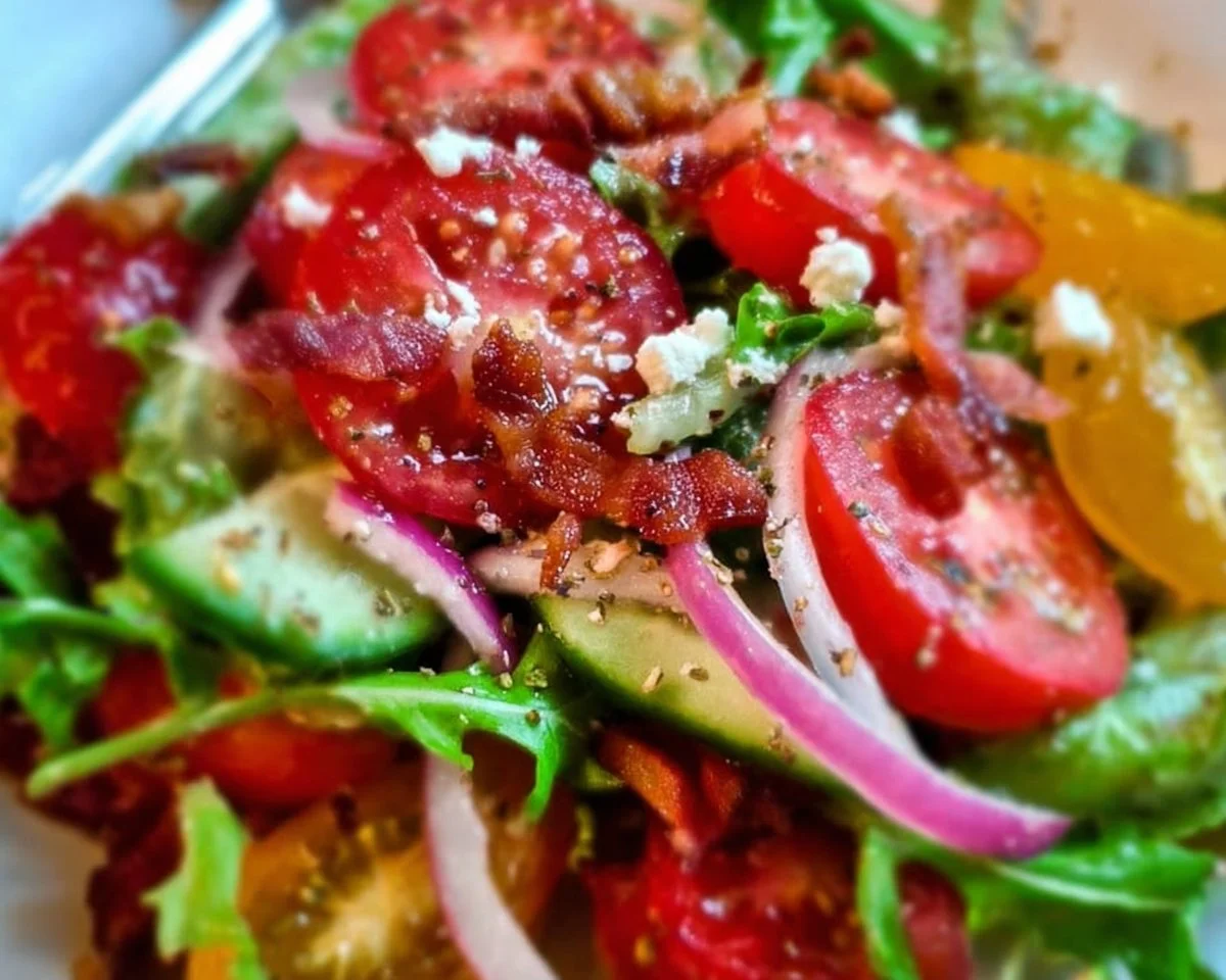 A colorful, fresh salad with various vegetables and dressing served in a bowl.
