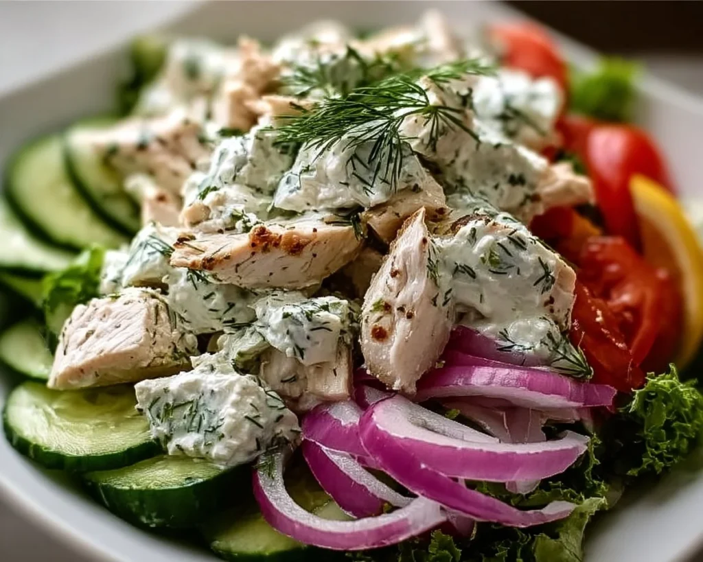 Delicious Tzatziki Chicken Salad served in a bowl with fresh ingredients.
