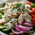 Delicious Tzatziki Chicken Salad served in a bowl with fresh ingredients.