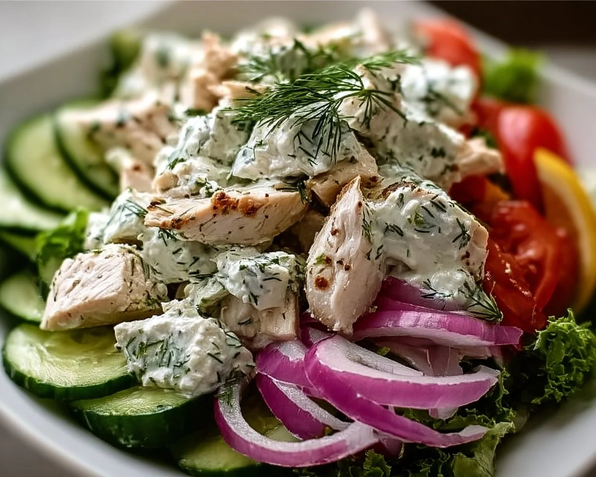Delicious Tzatziki Chicken Salad served in a bowl with fresh ingredients.