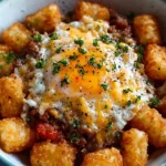 Delicious Ultimate Tater Tot Breakfast Bowl with eggs, cheese, and toppings.