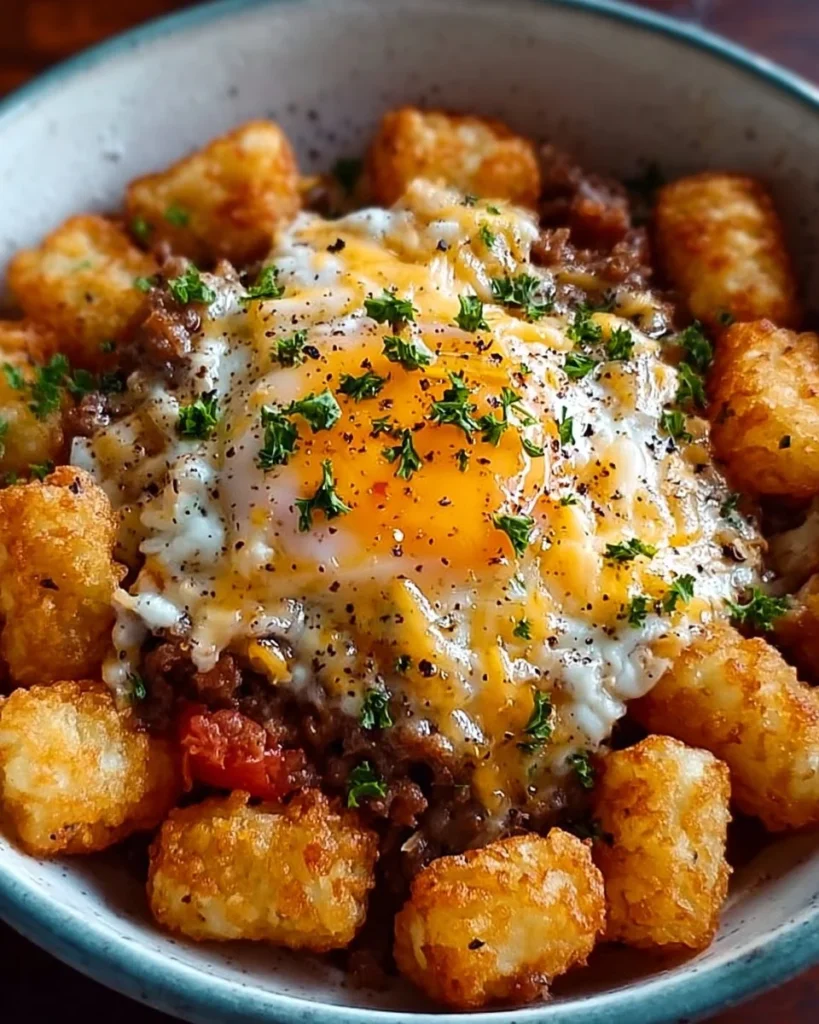 Delicious Ultimate Tater Tot Breakfast Bowl with eggs, cheese, and toppings.