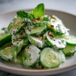 Creamy Asian Cucumber Salad in a bowl, garnished with sesame seeds and herbs