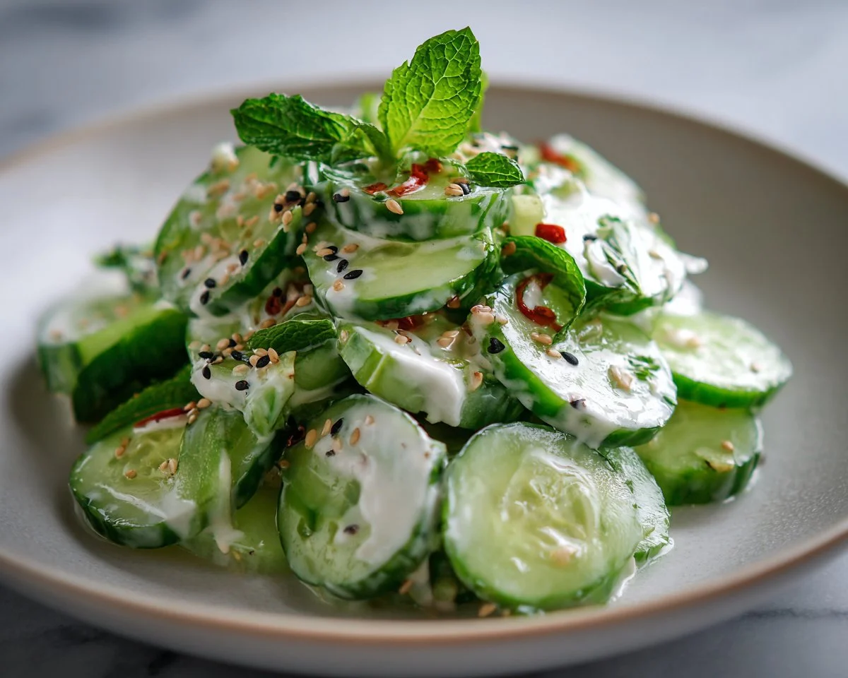 Creamy Asian Cucumber Salad in a bowl, garnished with sesame seeds and herbs