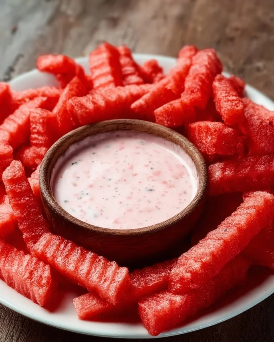 Plate of Watermelon Fries with a side of Strawberry Yogurt Dip