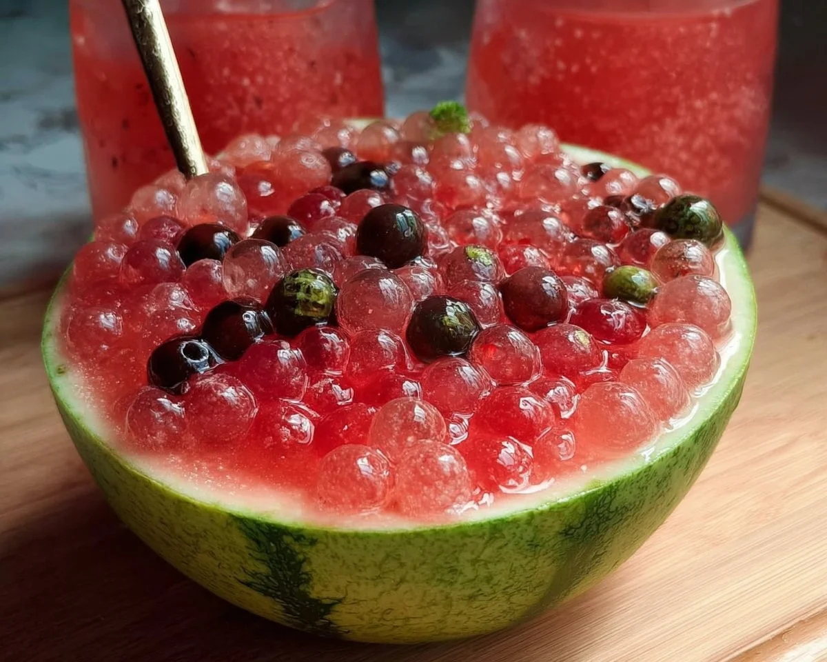 Colorful watermelon popping boba in a drink cup with ice.