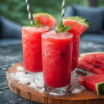 Refreshing watermelon slushie in a glass with ice and mint garnish.