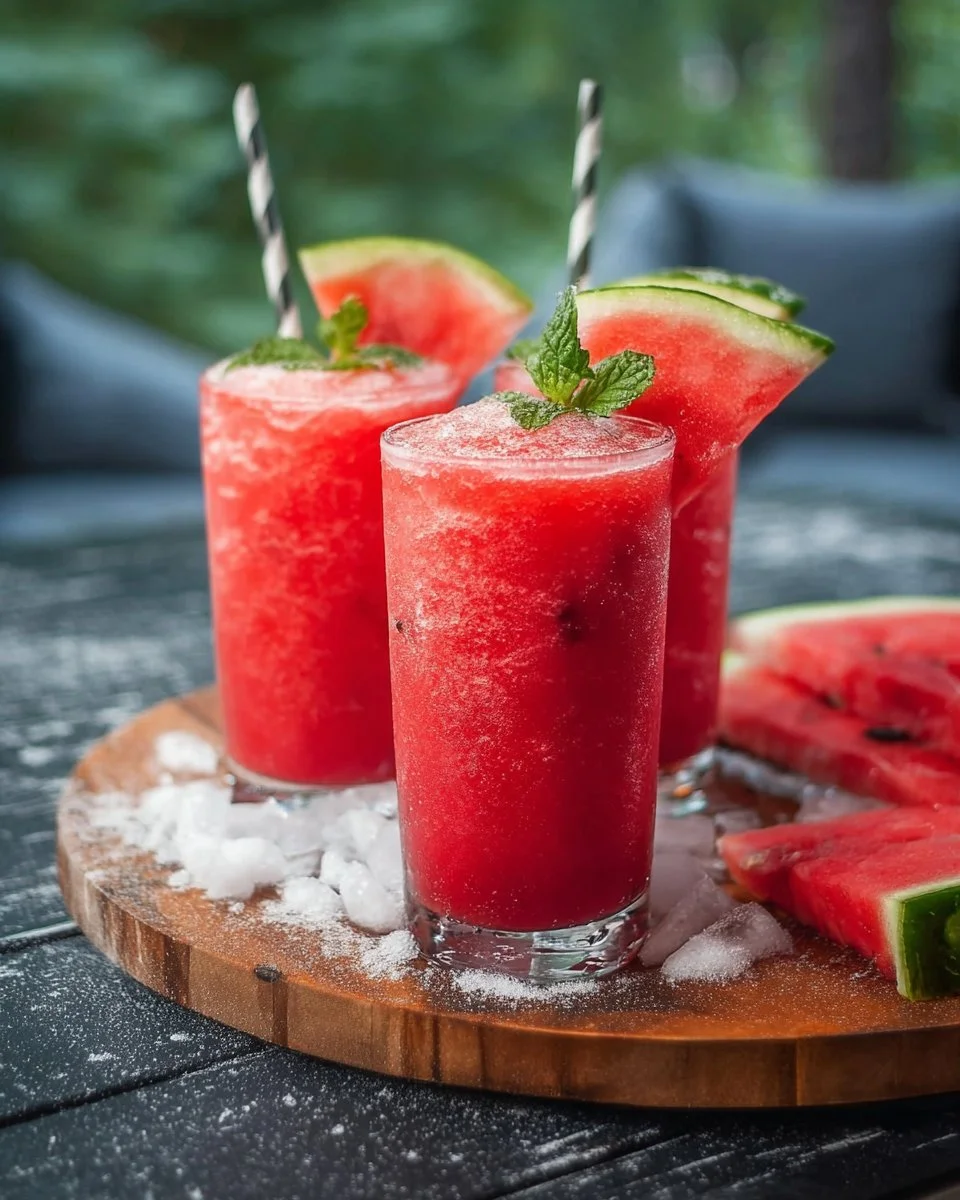 Refreshing watermelon slushie in a glass with ice and mint garnish.