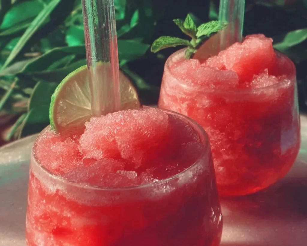 Refreshing watermelon slushies in a glass with mint garnish