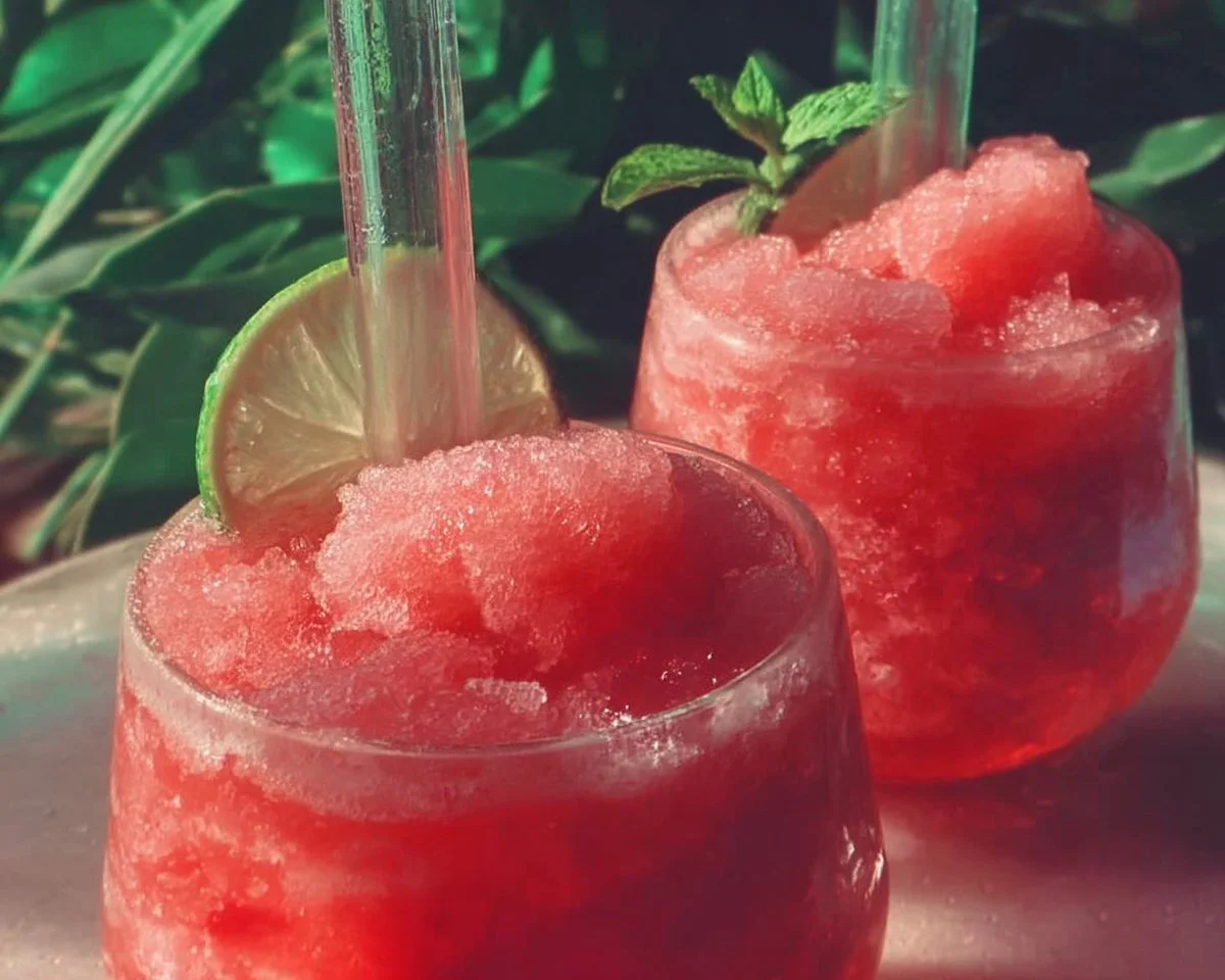 Refreshing watermelon slushies in a glass with mint garnish