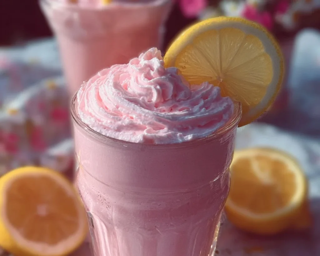 Refreshing whipped pink lemonade in a glass with a slice of lemon.
