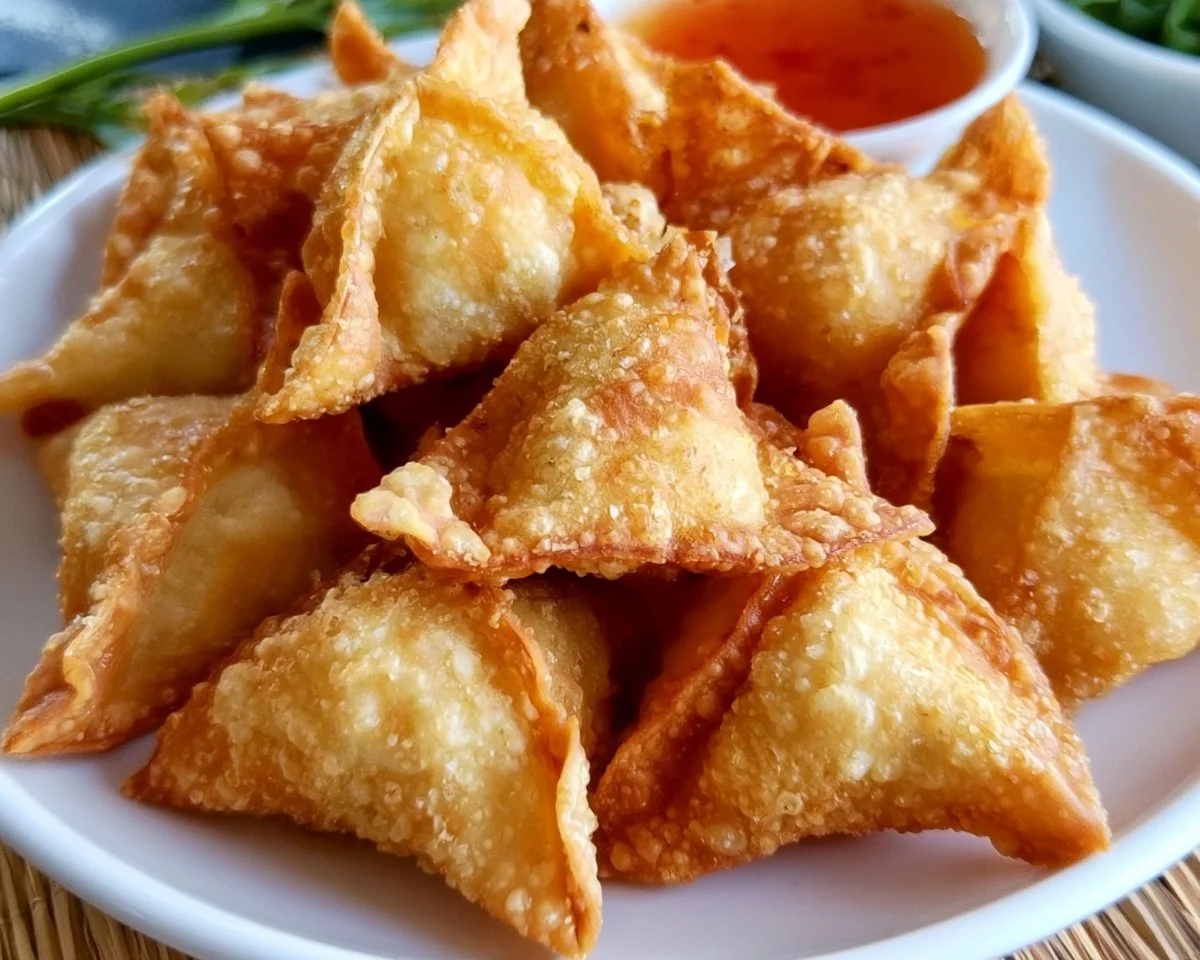 Crispy Crab Rangoon served with dipping sauce.