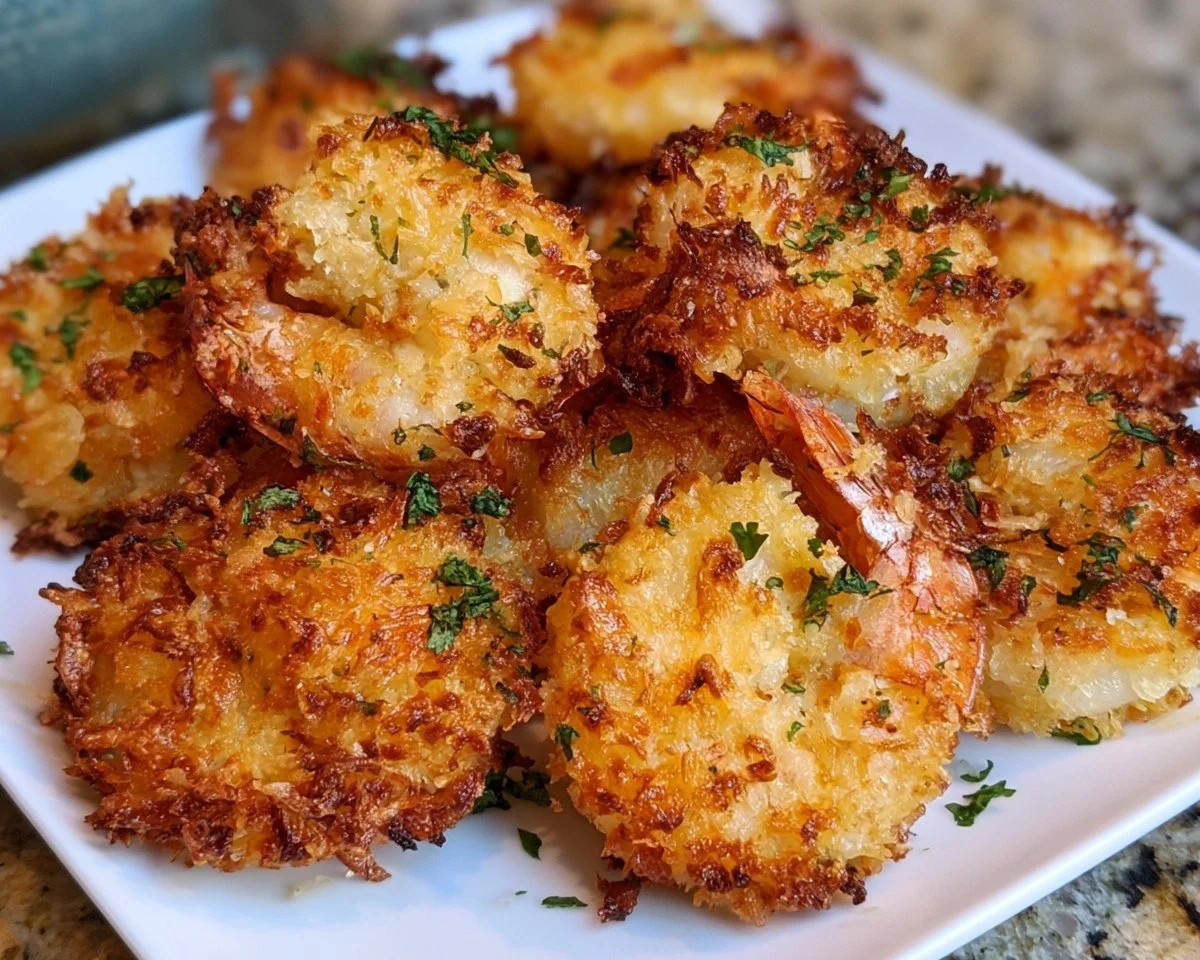 Crispy parmesan shrimp cooked in an air fryer, served for dinner.
