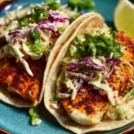 Air fryer fish tacos served with cilantro lime slaw on a plate