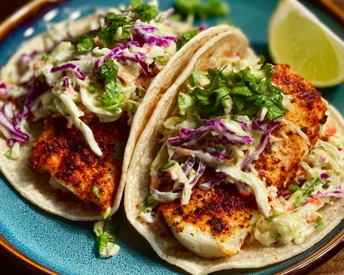 Air fryer fish tacos served with cilantro lime slaw on a plate