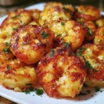Air Fryer Garlic Butter Shrimp served on a plate with herbs and lemon.
