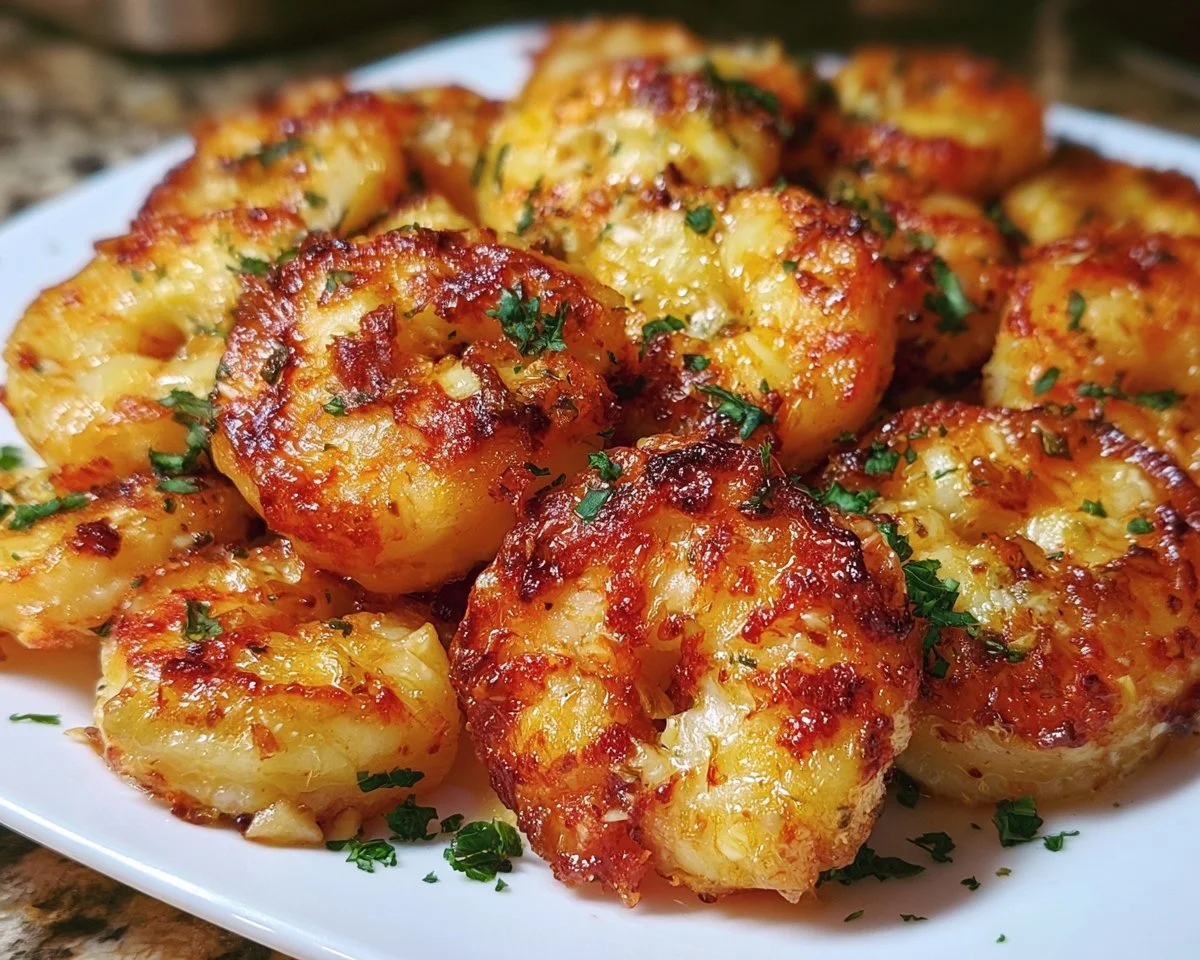 Air Fryer Garlic Butter Shrimp served on a plate with herbs and lemon.