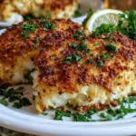 Plate of crispy Parmesan crusted cod garnished with lemon and herbs