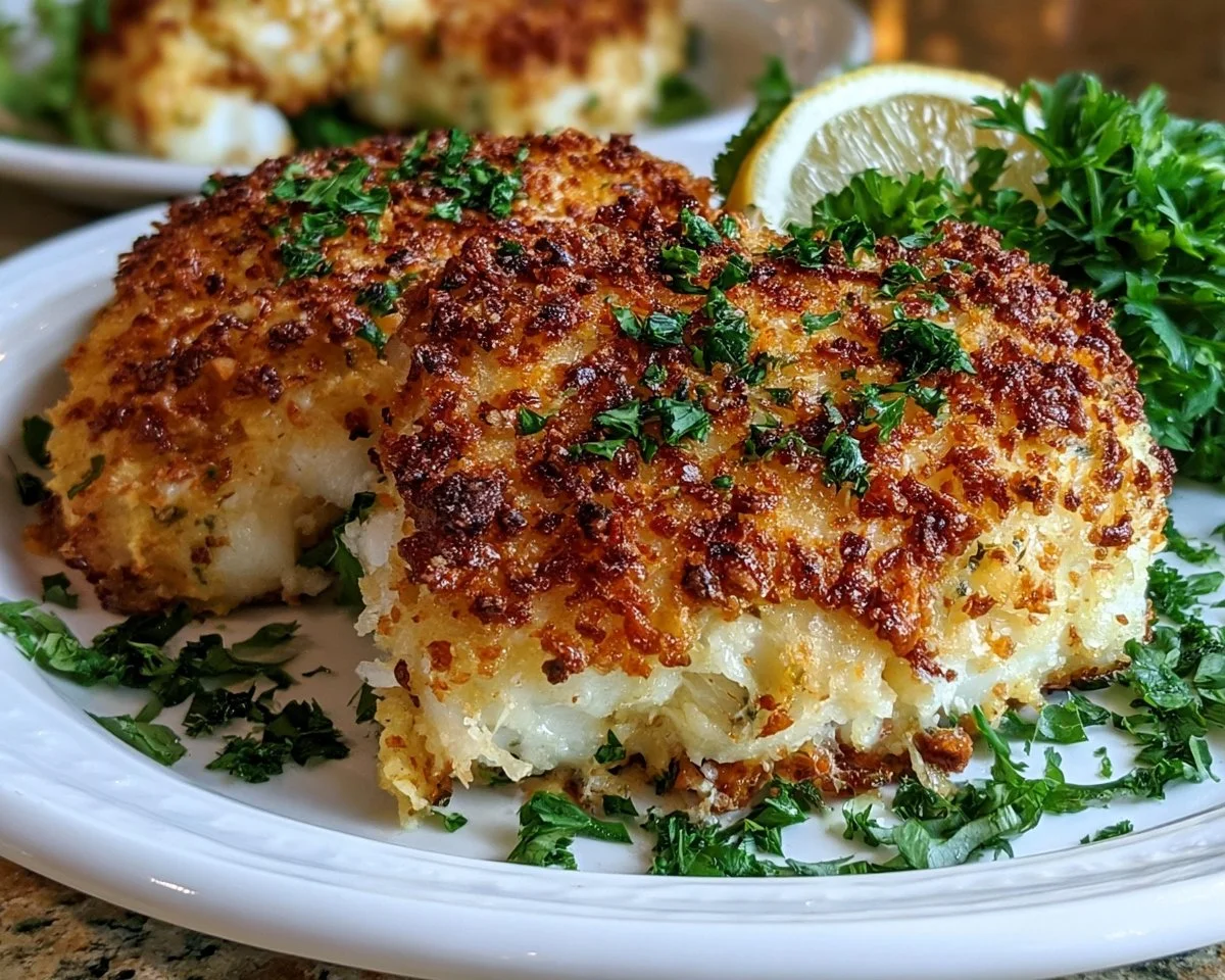 Plate of crispy Parmesan crusted cod garnished with lemon and herbs