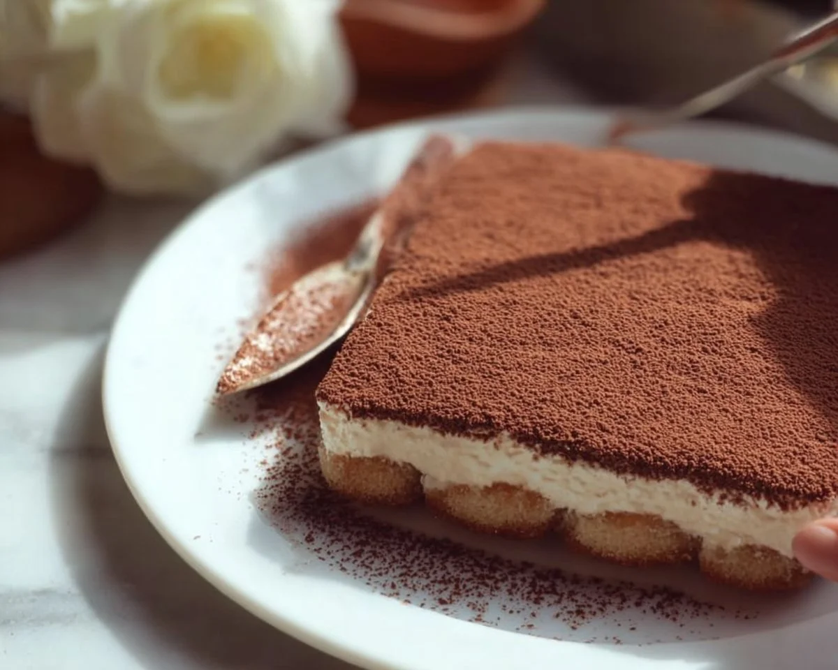 Delicious authentic Italian Tiramisu dessert on a plate