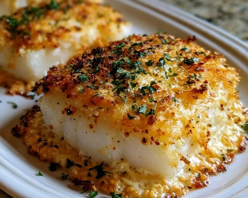 Plate of baked cod topped with mayo and parmesan cheese