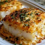 Plate of baked cod topped with mayo and parmesan cheese