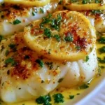 Baked lemon-garlic cod fillet on a plate with herbs