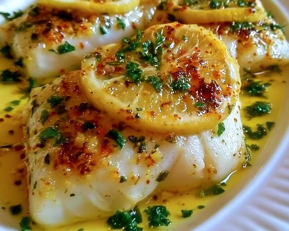 Baked lemon-garlic cod fillet on a plate with herbs