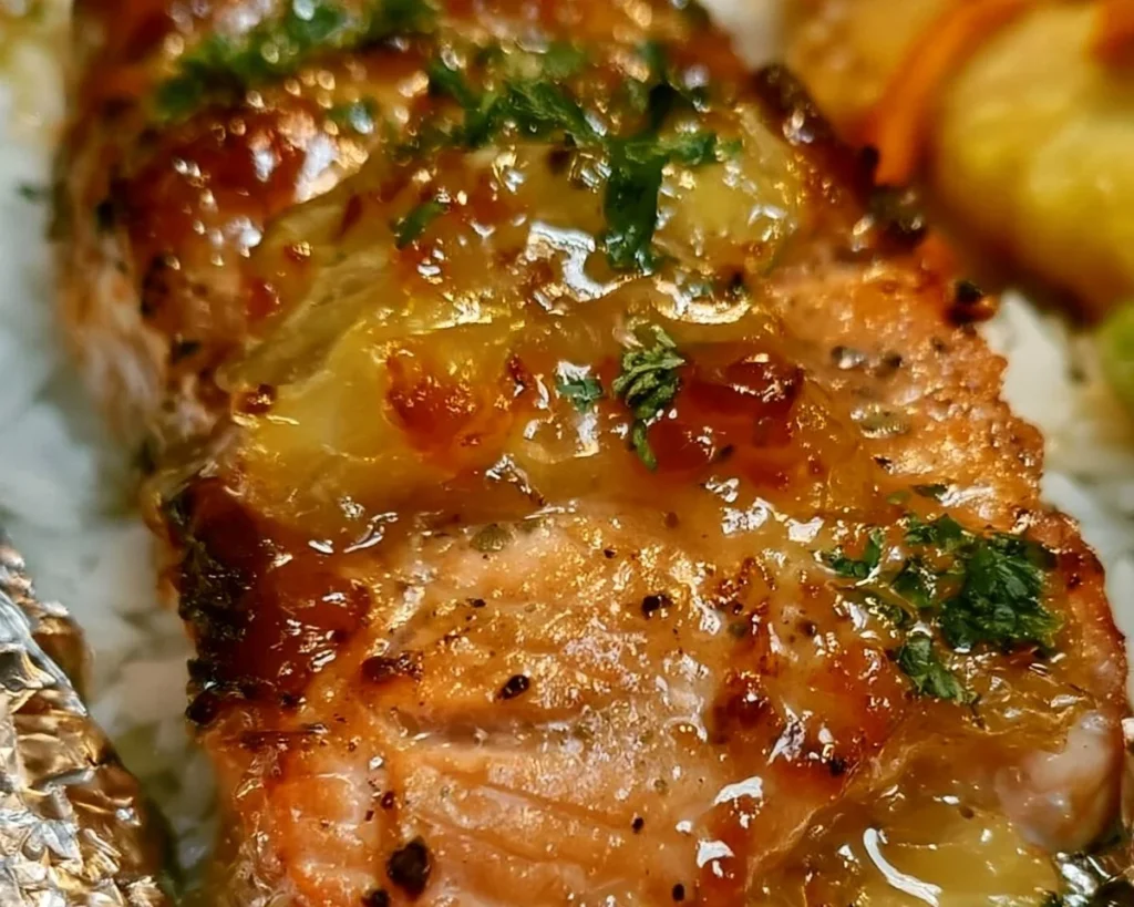 Baked Pineapple Salmon garnished with fresh herbs