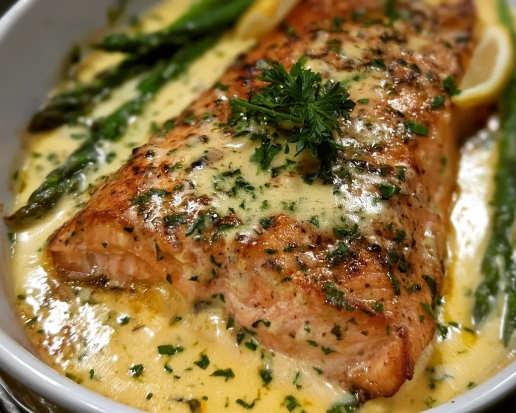 Baked salmon topped with lemon butter cream sauce on a plate.