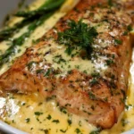 Baked salmon topped with lemon butter cream sauce on a plate.