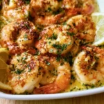 Baked shrimp scampi served with garlic butter and herbs