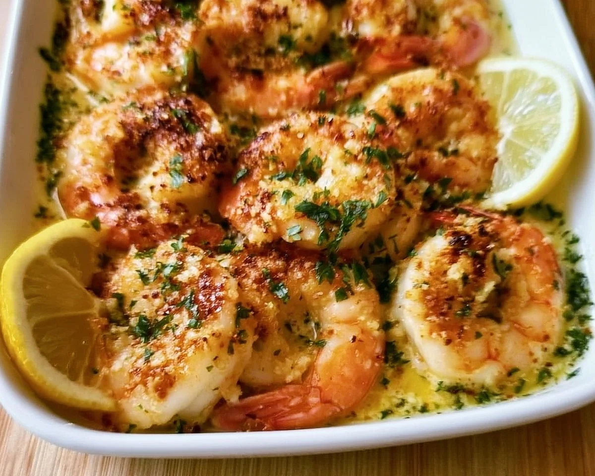 Baked shrimp scampi served with garlic butter and herbs