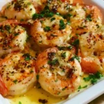 Delicious baked shrimp with garlic lemon butter sauce served on a plate
