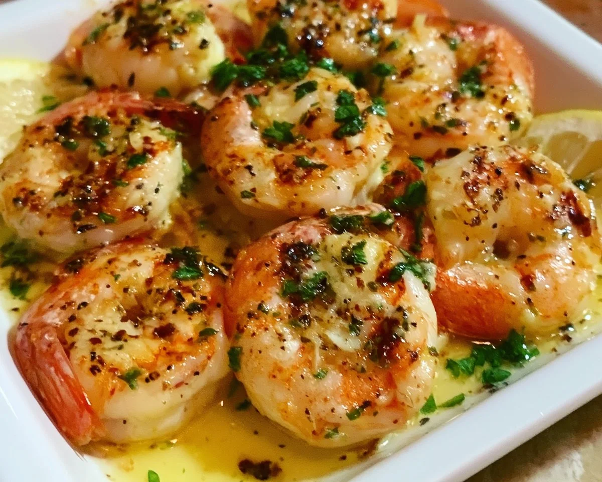 Delicious baked shrimp with garlic lemon butter sauce served on a plate