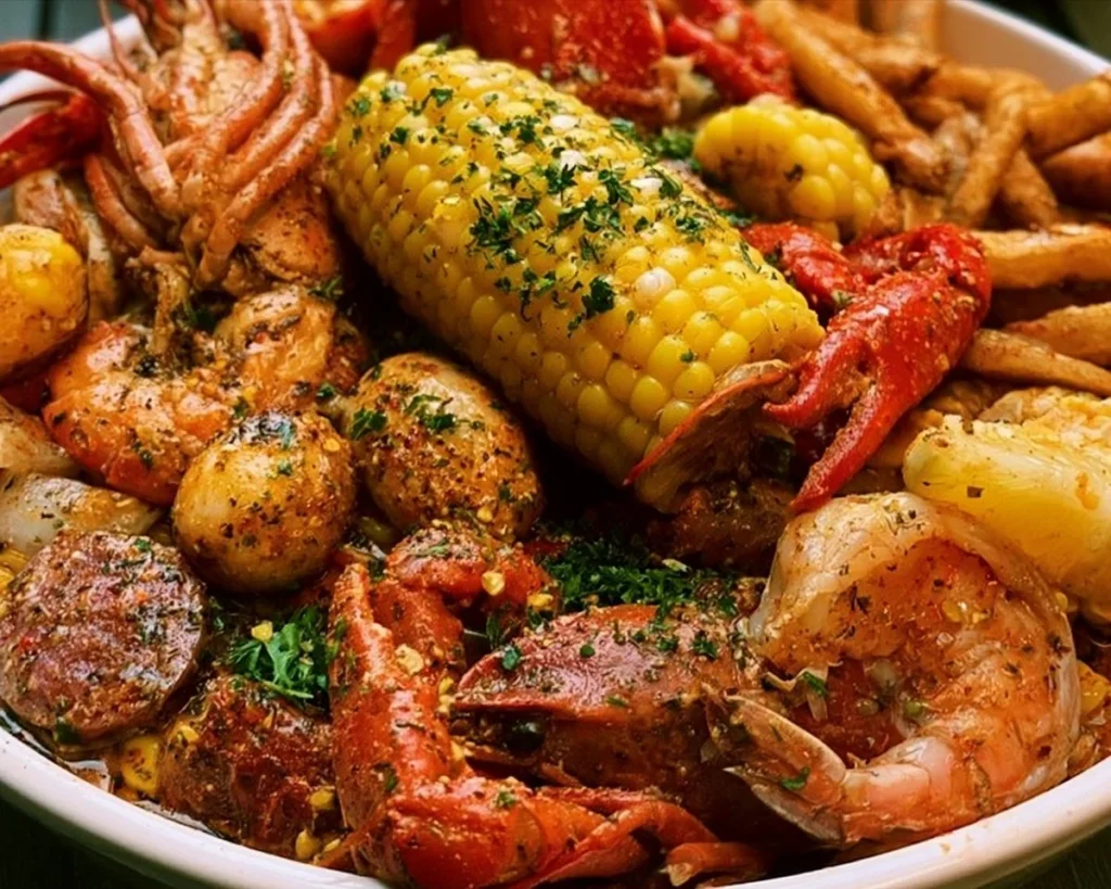 A colorful seafood boil with crab, shrimp, corn, and spices ready to serve.