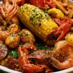 A colorful seafood boil with crab, shrimp, corn, and spices ready to serve.