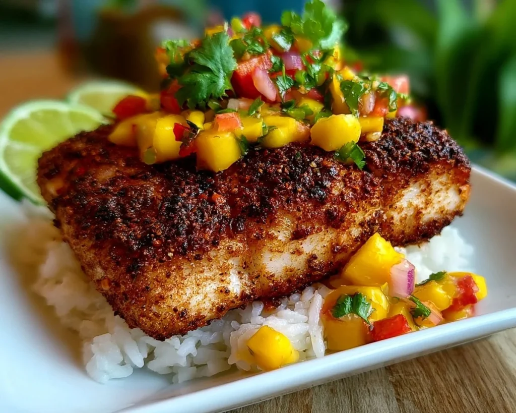 Blackened Mahi Mahi fillet topped with fresh mango salsa
