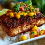 Blackened Mahi Mahi fillet topped with fresh mango salsa