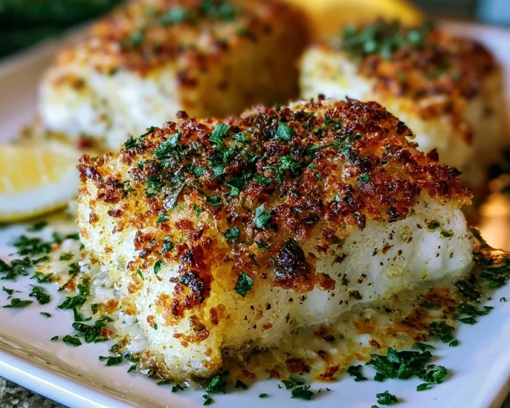 Plated baked cod with herbs and lemon for a healthy seafood dinner