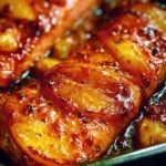 Bourbon Peach Roasted Salmon garnished with peaches and herbs
