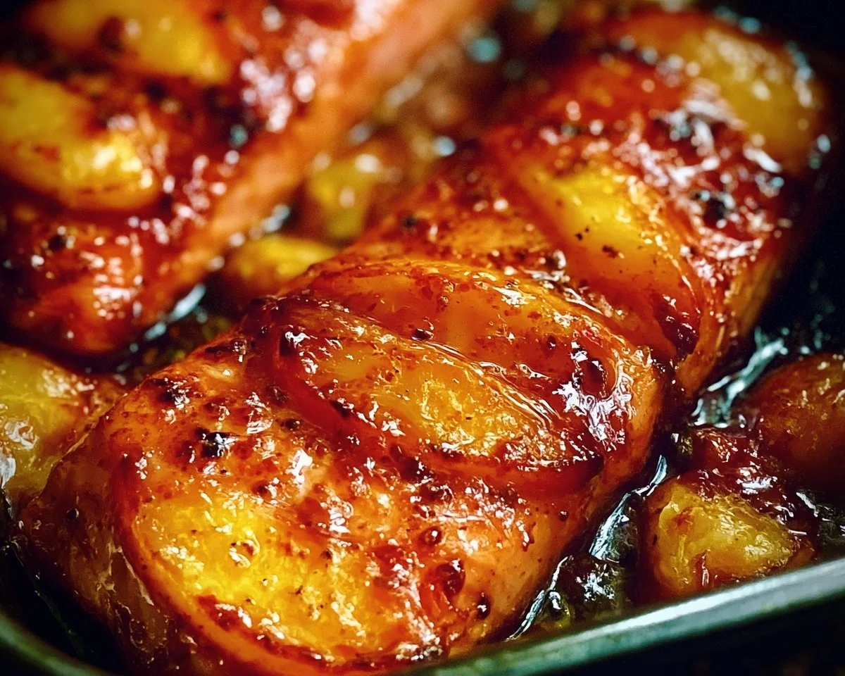 Bourbon Peach Roasted Salmon garnished with peaches and herbs