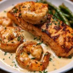 Cajun Shrimp and Salmon with Garlic Cream Sauce served on a gourmet dinner plate.