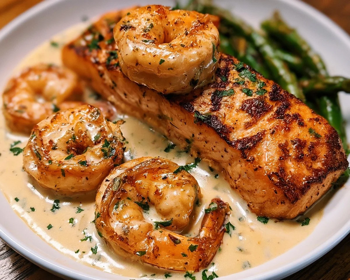 Cajun Shrimp and Salmon with Garlic Cream Sauce served on a gourmet dinner plate.