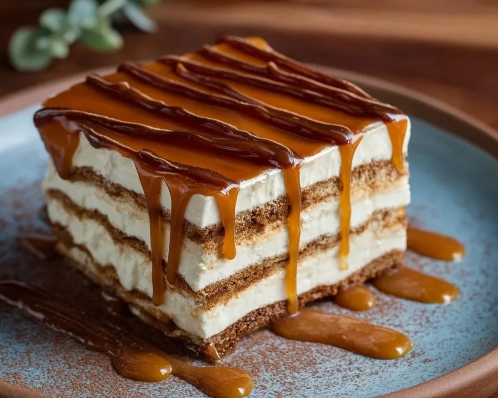 Delicious Caramel Macchiato Tiramisu dessert with coffee and caramel layers