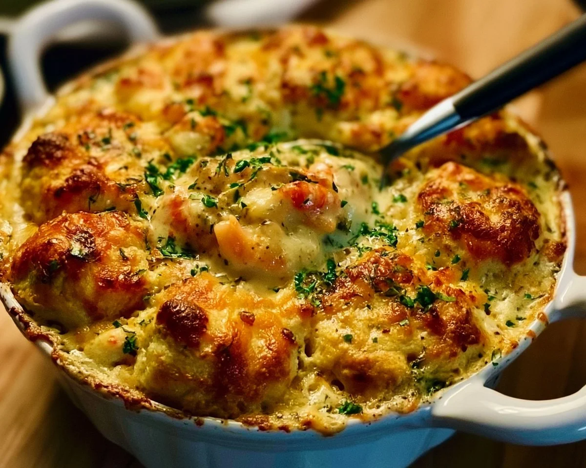 Cheddar Bay Biscuit Seafood Pot Pie served hot with a golden crust.