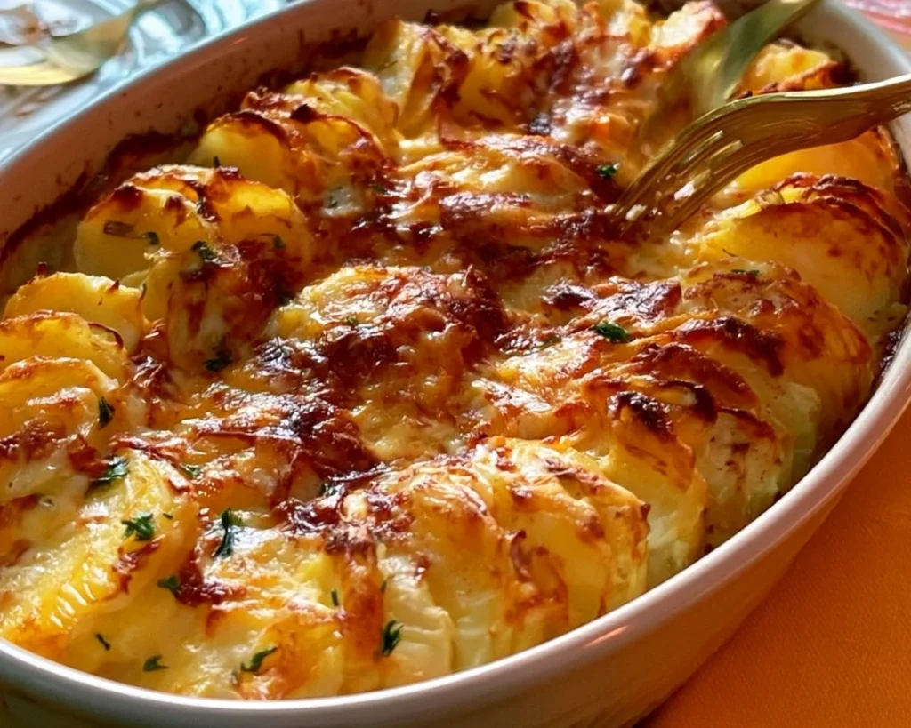 Delicious cheesy easy scalloped potatoes baked to perfection