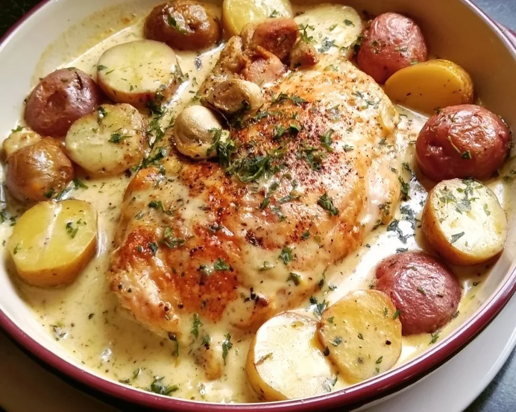 Chicken and potatoes in creamy Dijon sauce served on a plate
