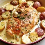 Chicken and potatoes in creamy Dijon sauce served on a plate