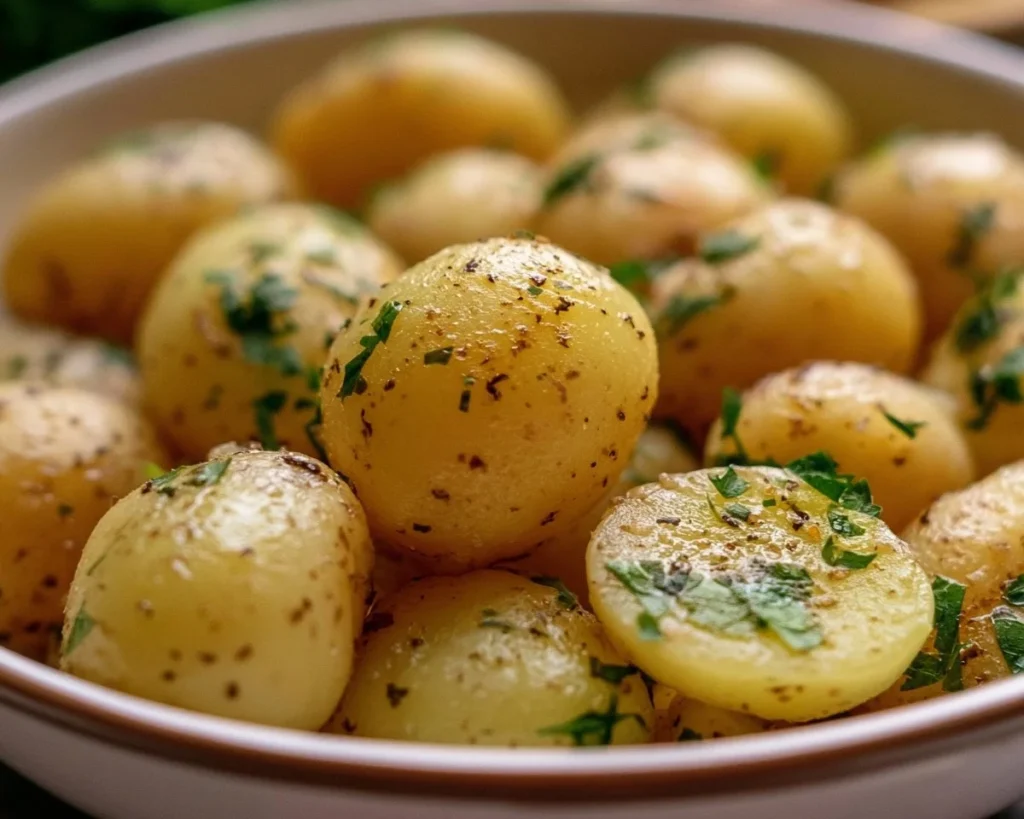 Delicious classic boiled potatoes served with herbs and butter.